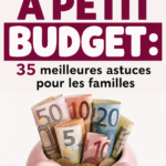 Famille souriante devant un tableau de budget familial