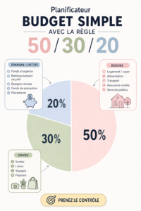Femme utilisant un planificateur budgétaire pour gérer ses finances avec la règle 50/30/20