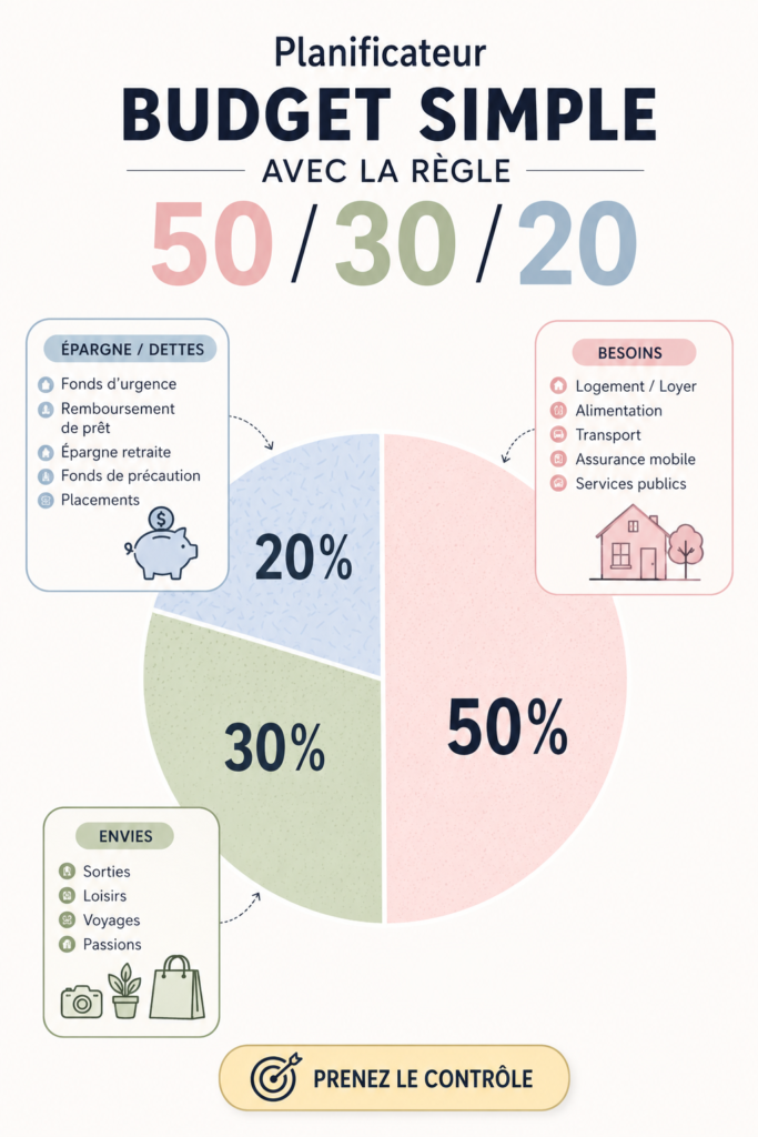 Femme utilisant un planificateur budgétaire pour gérer ses finances avec la règle 50/30/20