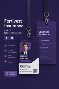 Carte d'identité Fortivest présentée sur un fonds neutre.