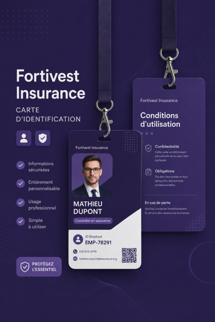 Carte d'identité Fortivest présentée sur un fonds neutre.