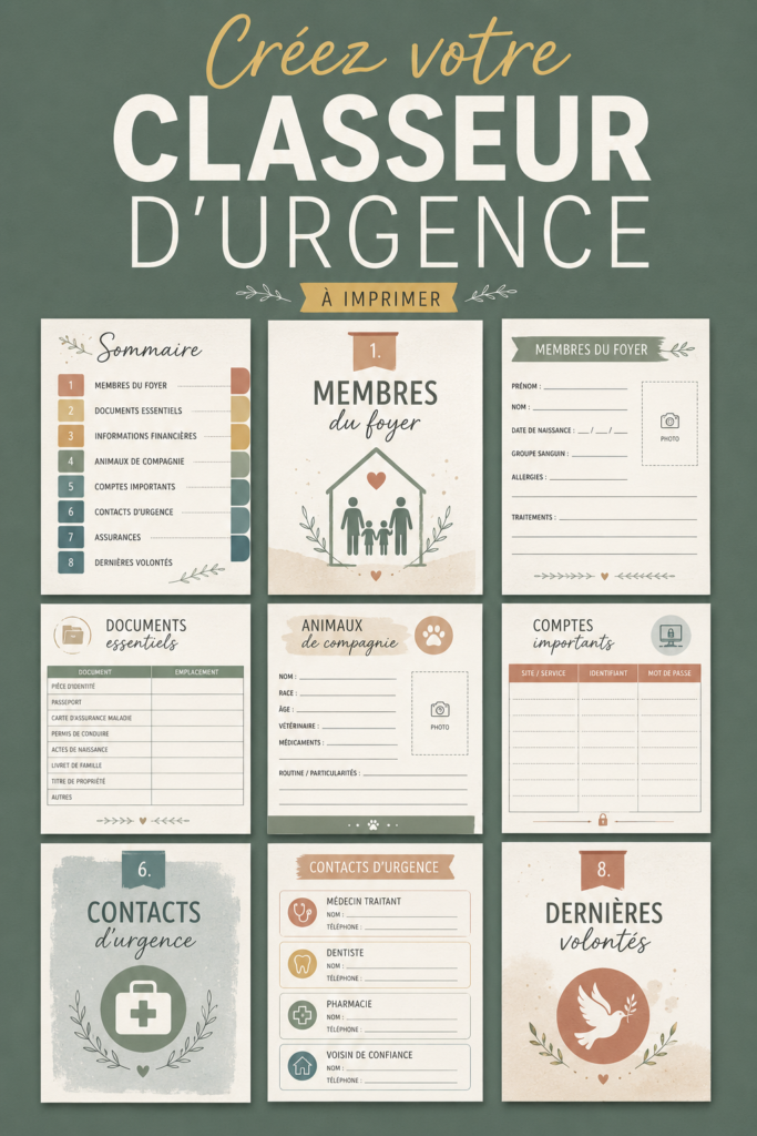 Un classeur d'urgence ouvert montrant des documents organisés et étiquetés.