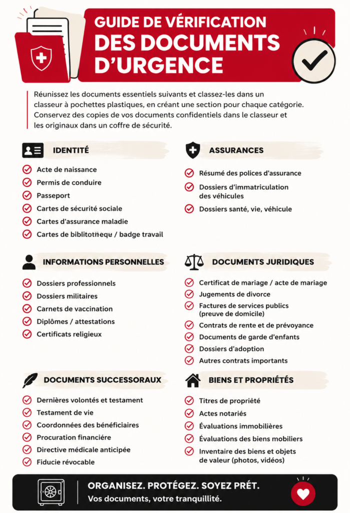 Femme organisant des documents d'urgence sur une table en bois.