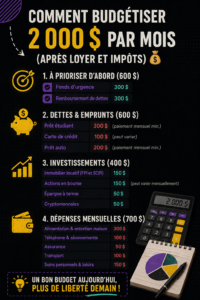 Femme souriante tenant un budget avec une calculatrice, se préparant à gérer son salaire de 2000 $.