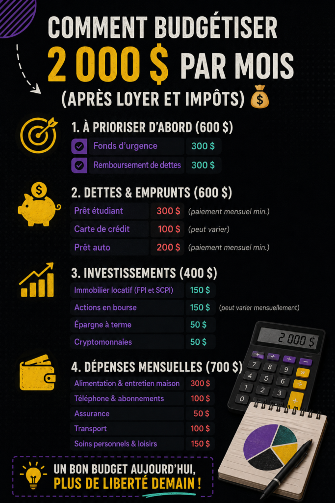 Femme souriante tenant un budget avec une calculatrice, se préparant à gérer son salaire de 2000 $.