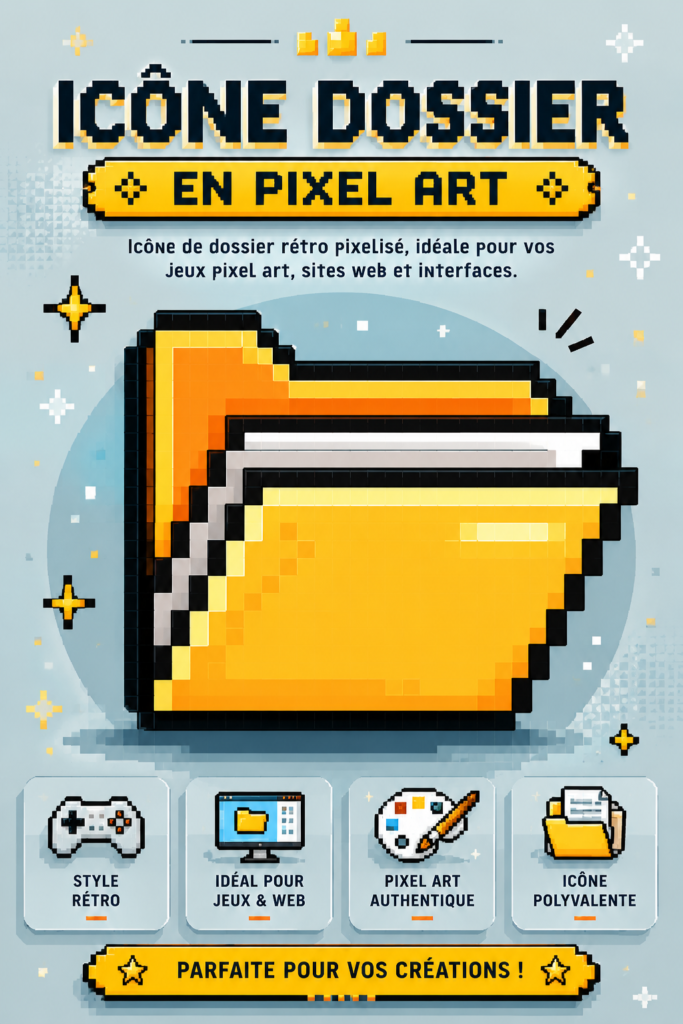 Icône de dossier rétro en pixel art illustrée avec des couleurs vives et un style old school
