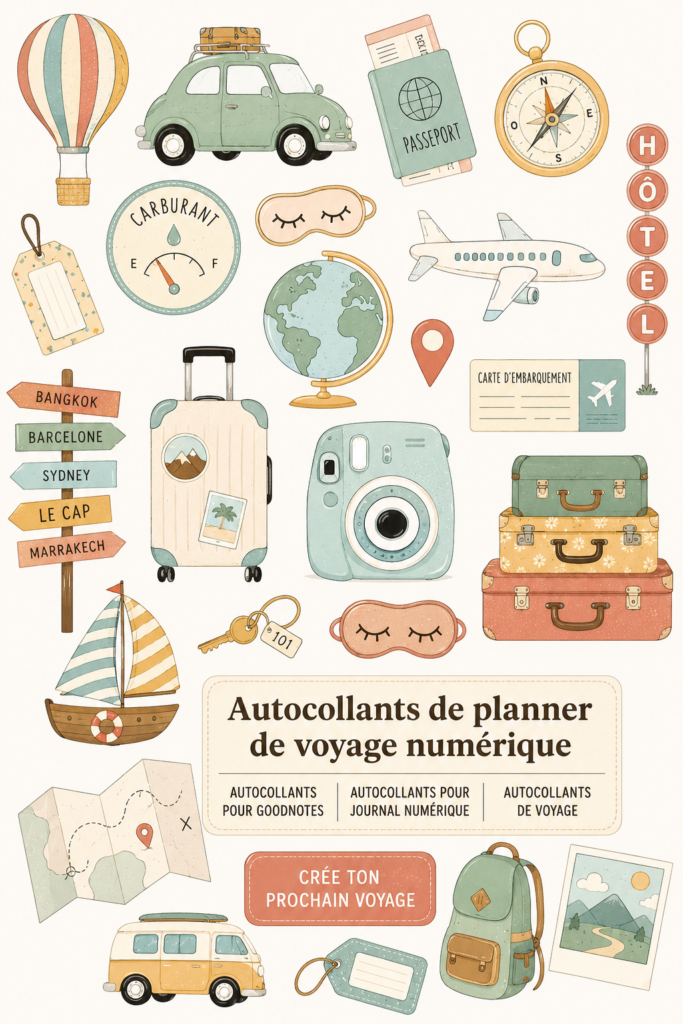 Exemple de stickers numériques colorés pour planificateur de voyage