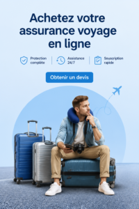 Femme regardant une destination de voyage sur un ordinateur avec une assurance voyage en ligne