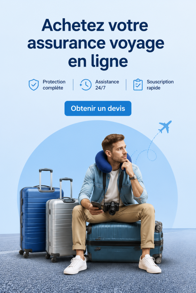 Femme regardant une destination de voyage sur un ordinateur avec une assurance voyage en ligne