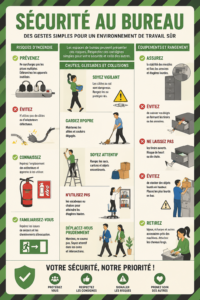 Affiche de sécurité au bureau affichant des consignes claires et colorées.