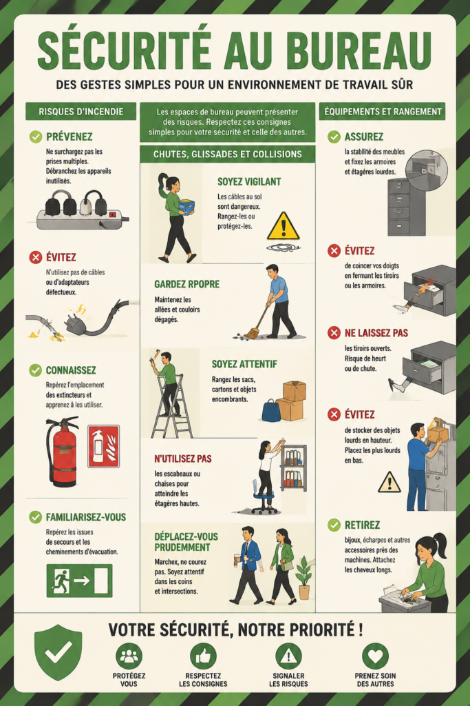 Affiche de sécurité au bureau affichant des consignes claires et colorées.