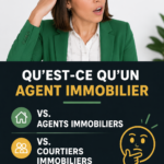 Une femme consultante souriante devant une maison à vendre, représentant le métier d'agent immobilier