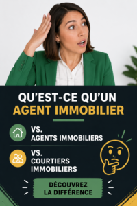 Une femme consultante souriante devant une maison à vendre, représentant le métier d'agent immobilier