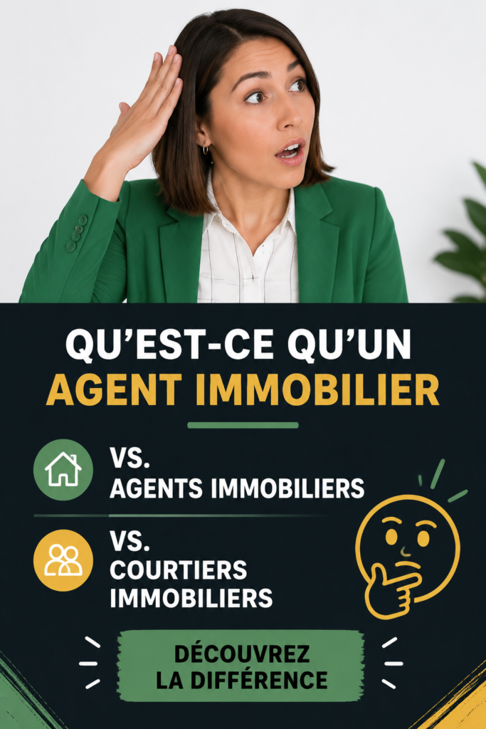 Une femme consultante souriante devant une maison à vendre, représentant le métier d'agent immobilier