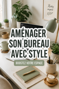 Bureau bien décoré avec des plantes et des accessoires pratiques