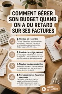 Femme calculant son budget avec des factures sur la table