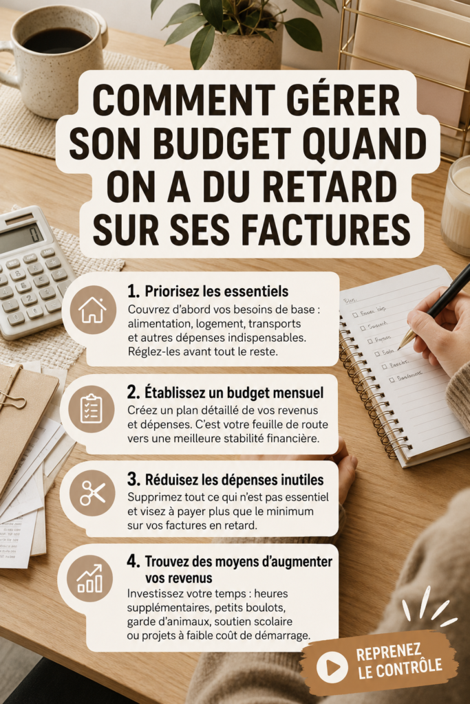 Femme calculant son budget avec des factures sur la table