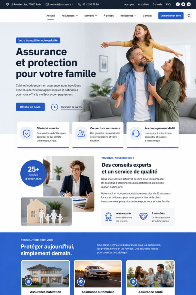 Capture d'écran du thème WordPress Assurena pour les agences d'assurance, mettant en avant son design moderne et fonctionnel.