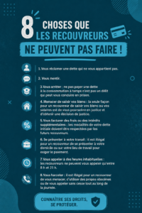 Image représentant une femme consultant ses droits face à des agents de recouvrement