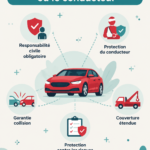 Femme souriante regardant un contract d'assurance automobile à son bureau.
