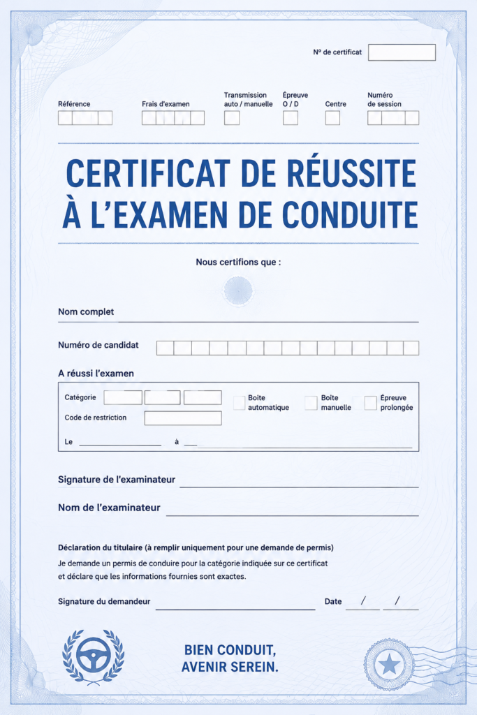 Certificat de réussite à l'examen de conduite au Royaume-Uni.