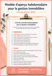 Modèle de check-list hebdomadaire pour la gestion immobilière, sur un bureau avec des outils et des documents.