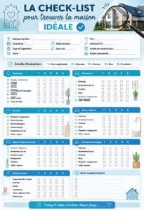 Checklist de recherche de maison sur une table avec des clés et un carnet