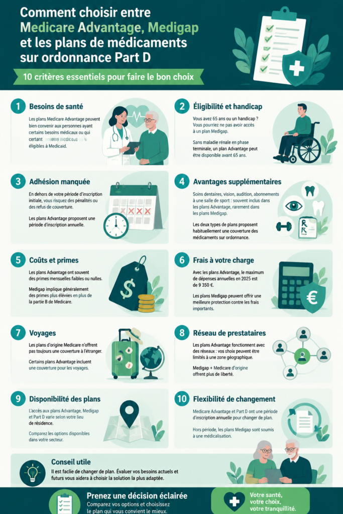 Une femme réfléchissant à ses options de couverture santé avec des documents Medicare.