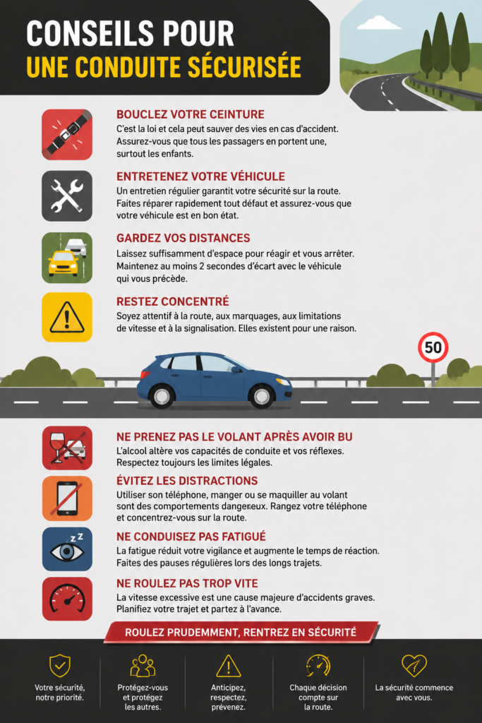 Femme au volant conduisant prudemment sur une route sécurisée.