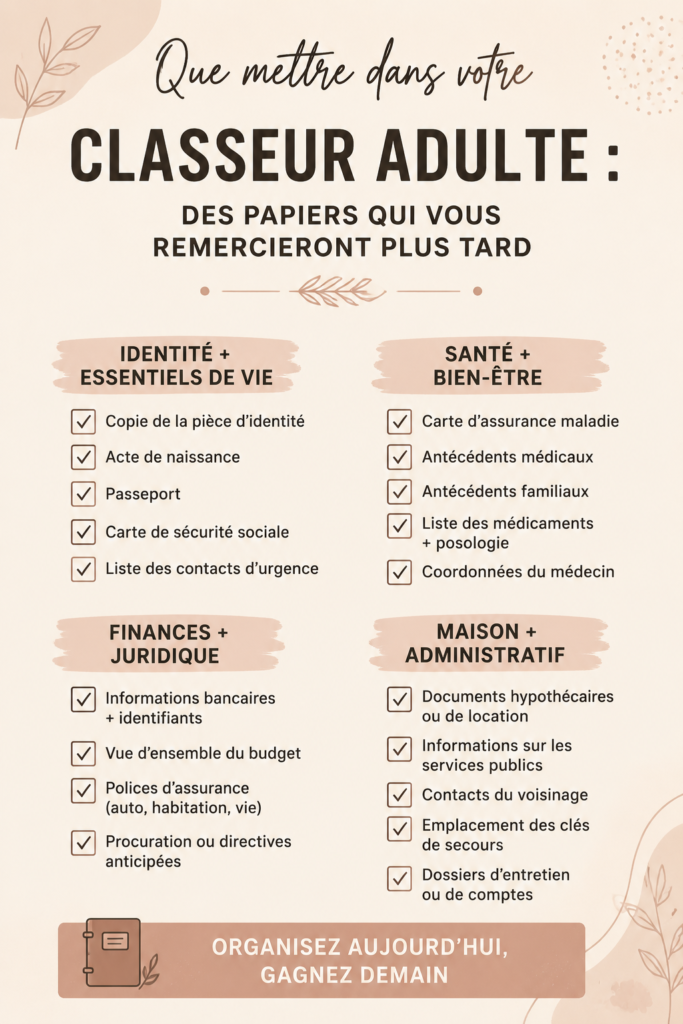 Un classeur adulte ouvert avec des documents bien organisés à l'intérieur