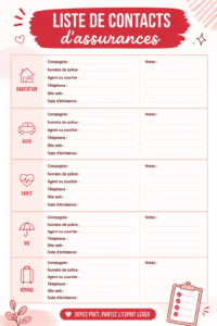 Un modèle imprimable pour organiser les contacts d'assurance