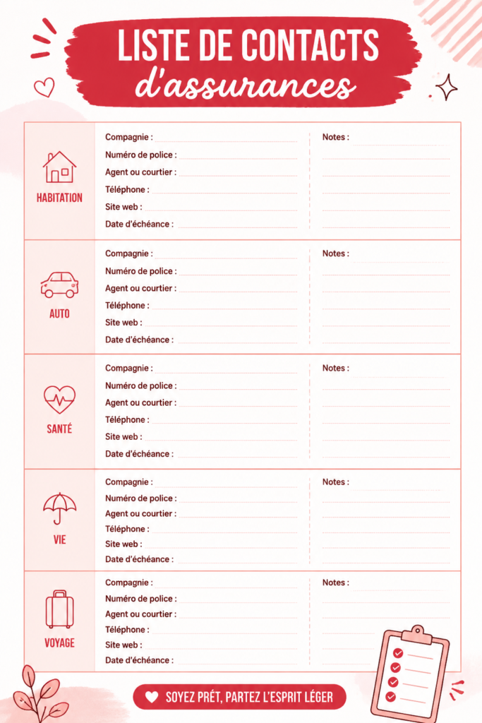 Un modèle imprimable pour organiser les contacts d'assurance