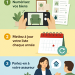 Femme organisant un inventaire de maison avec son ordinateur et des notes.