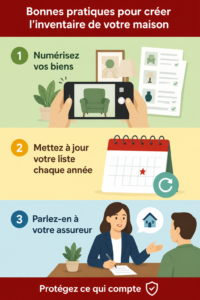 Femme organisant un inventaire de maison avec son ordinateur et des notes.