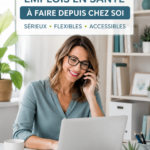 Femme travaillant depuis chez elle dans le domaine de la santé, entourée d'équipements médicaux.
