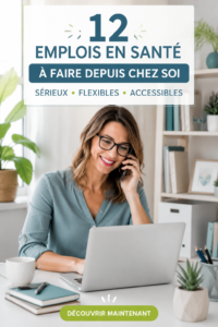 Femme travaillant depuis chez elle dans le domaine de la santé, entourée d'équipements médicaux.