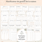 Planner de gestion familiale sur une table en bois, avec des notes et des crayons.