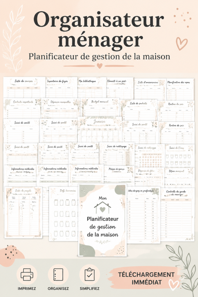 Planner de gestion familiale sur une table en bois, avec des notes et des crayons.