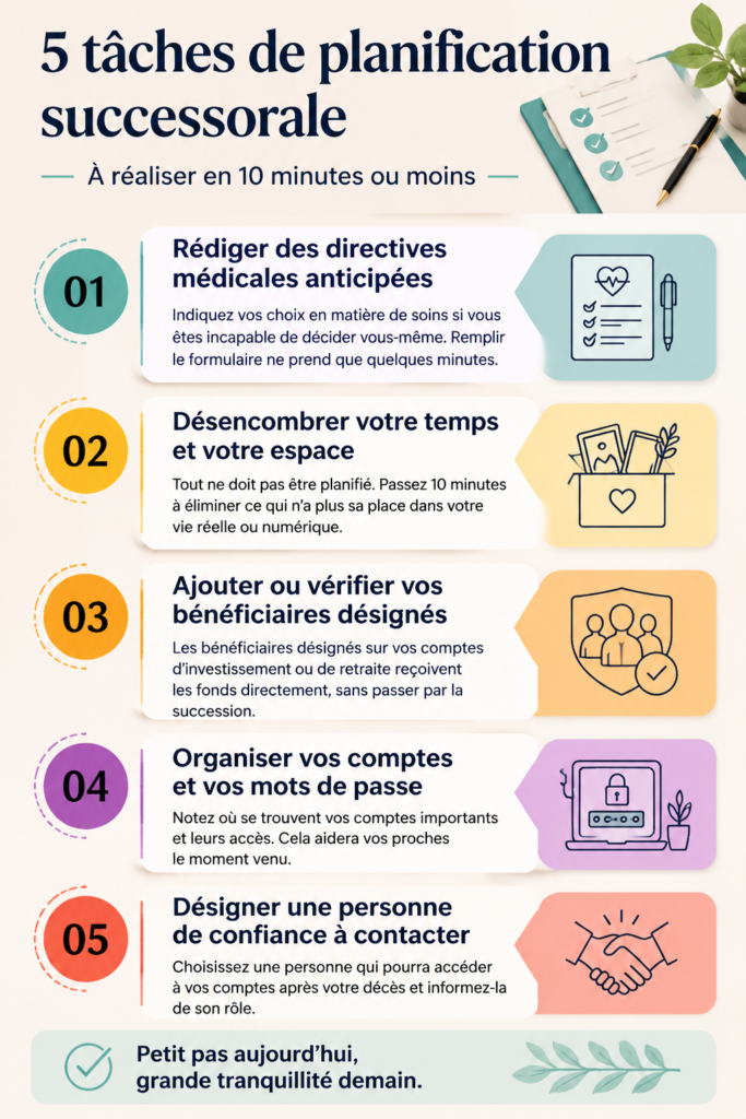 Illustration d'une femme réfléchissant à sa planification successorale.