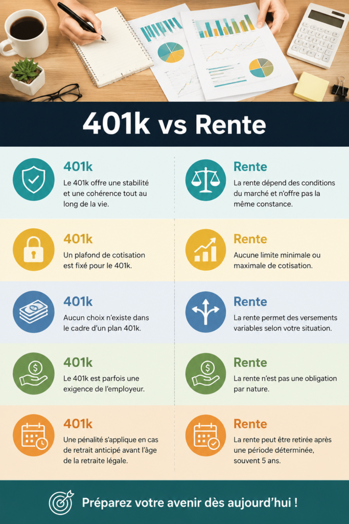 Une femme réfléchissant à son avenir financier, entourée de documents sur le 401k et la rente.