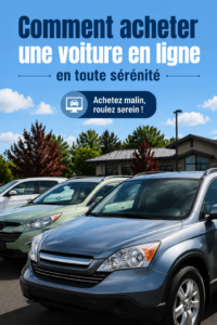 Femme heureuse réfléchissant à l'achat d'une voiture en ligne avec un ordinateur