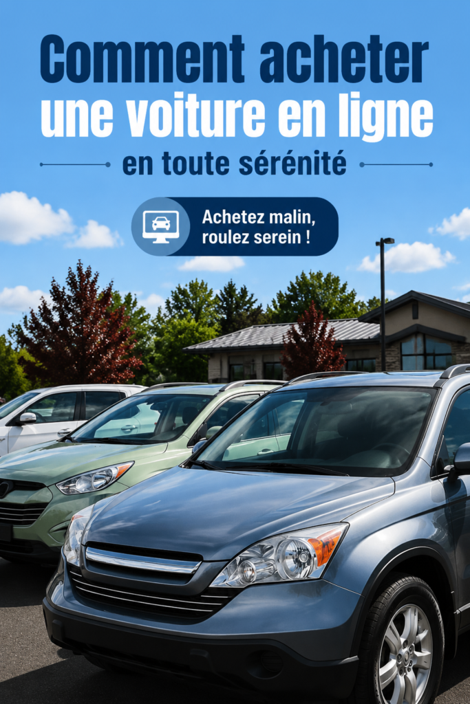 Femme heureuse réfléchissant à l'achat d'une voiture en ligne avec un ordinateur