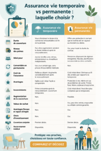Image symbolisant la comparaison entre l'assurance vie temporaire et permanente, illustrant des aspects clés de chaque type.