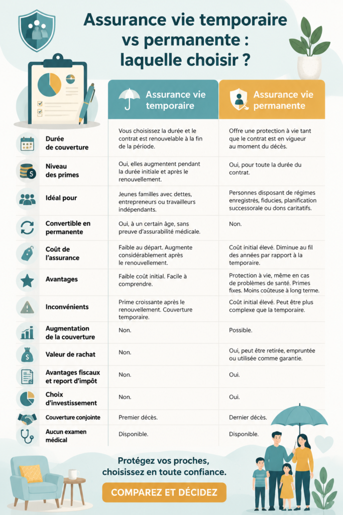 Image symbolisant la comparaison entre l'assurance vie temporaire et permanente, illustrant des aspects clés de chaque type.