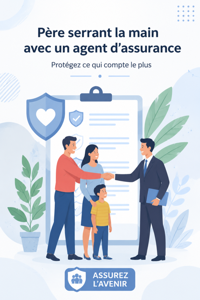Père serrant la main d'un agent d'assurance, symbolisant le choix d'une sécurité pour sa famille.