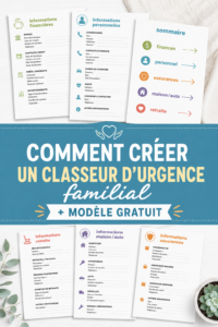 Classeur d'urgence familial ouvert sur une table, prêt à être rempli.