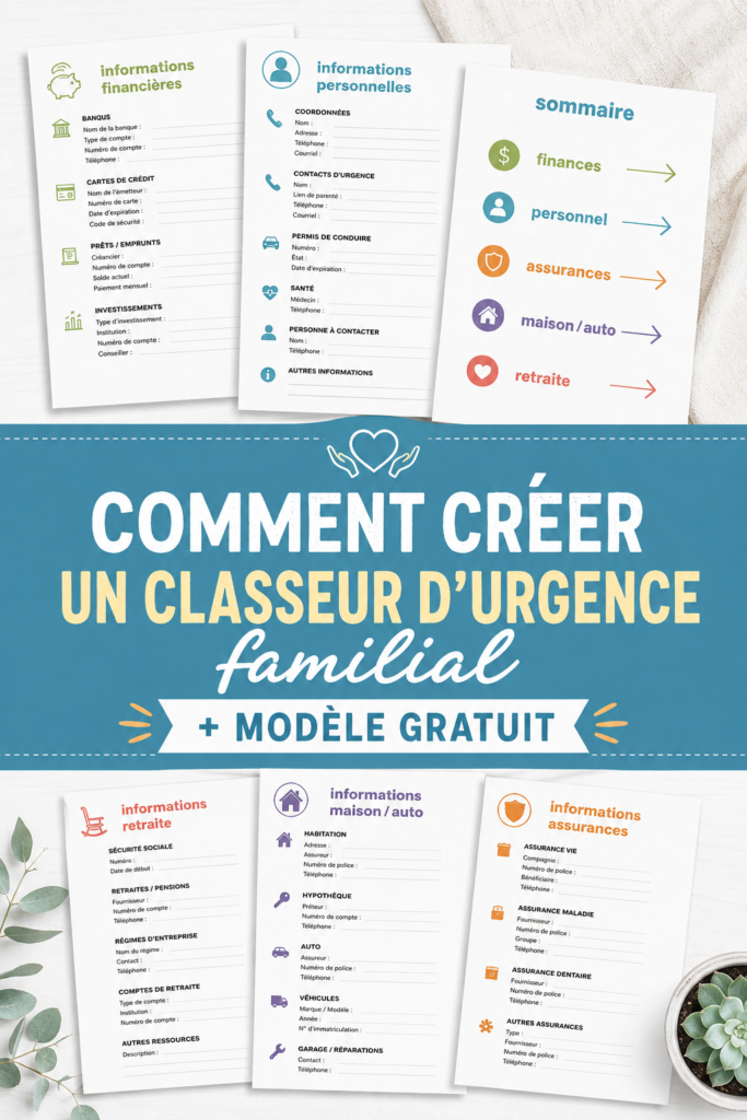 Classeur d'urgence familial ouvert sur une table, prêt à être rempli.