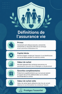 Une femme réfléchissant aux définitions de l'assurance vie, entourée de documents financiers.
