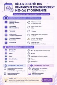 Femme consultante un document de santé, mettant l'accent sur les délais de remboursement.
