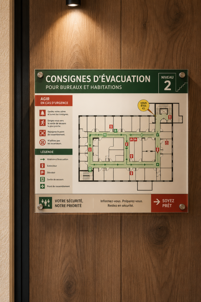 Conception de panneaux d'évacuation pratiques pour bureaux et domiciles